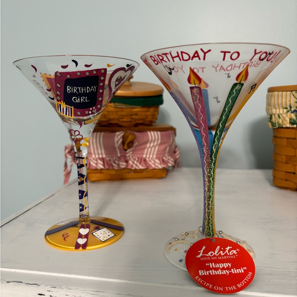 Set of 2-Lolita Birthday Martini Glasses- BDay Girl Love My Martini & HBD Tini